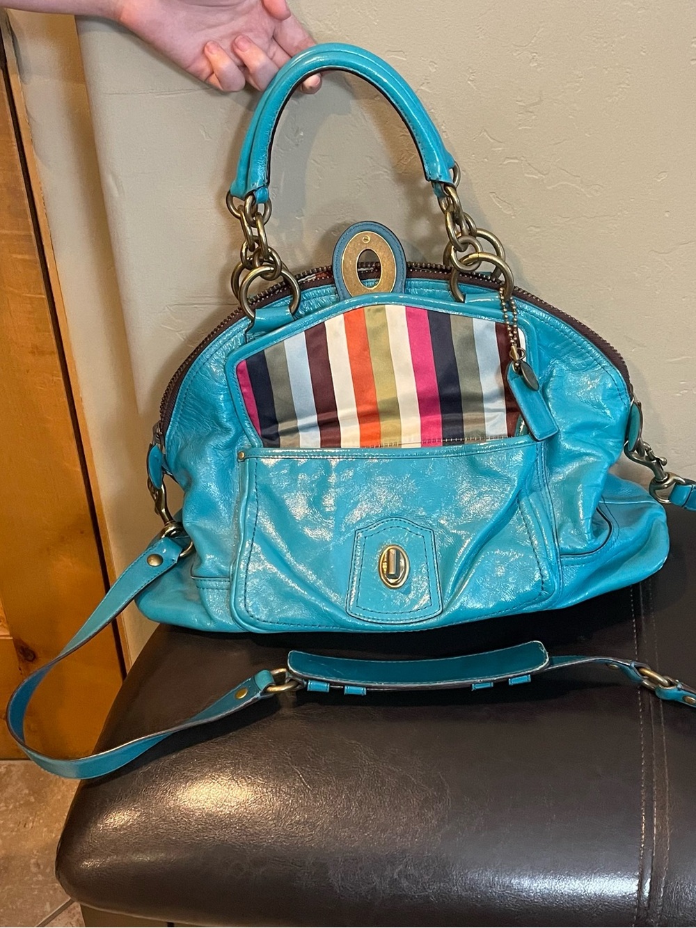 Coach legacy Turquoise Leather Dome Satchel Striped Interior limited edition